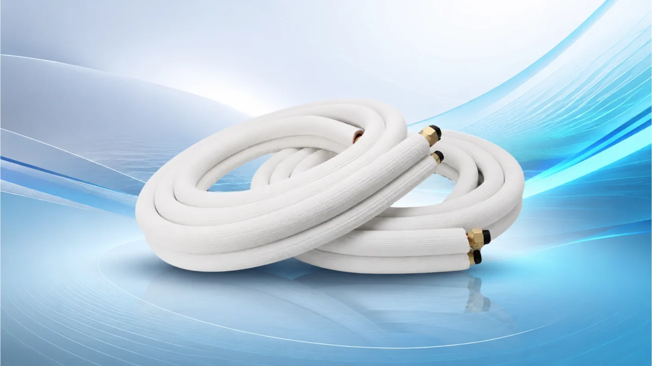 White insulated AC copper pipes with fittings